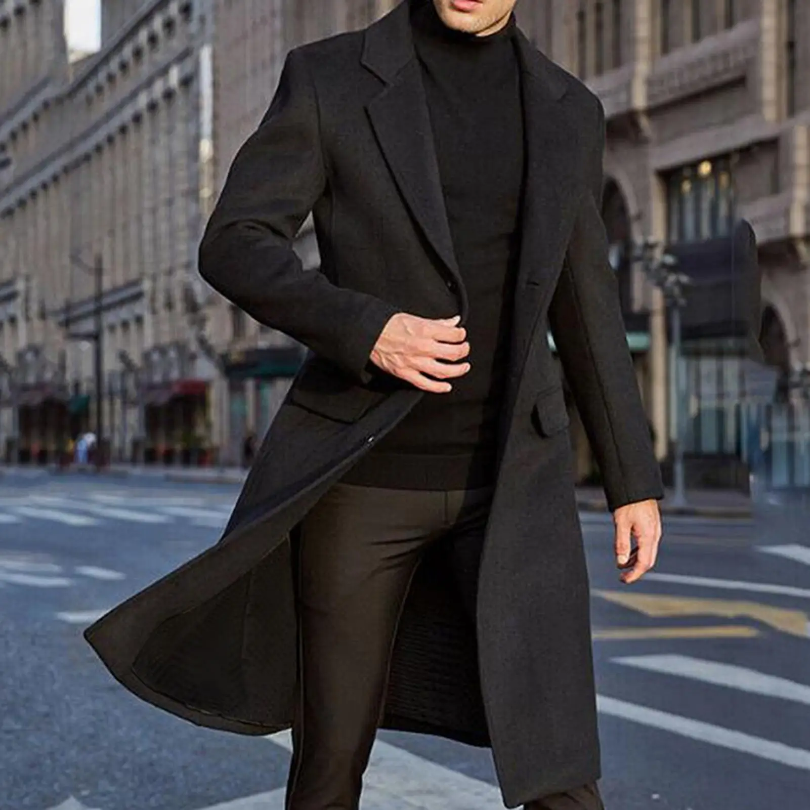 

Winter Men Long Sleeve Buttons Jacket Overcoat Mid-length Trench Coat Jacket