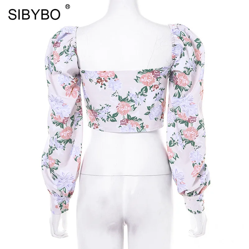 SIBYBO, цветочный принт, шнуровка, сексуальный укороченный топ, женский, длинный рукав, полый, тонкий, осенняя футболка, Женская повязка, повседневные, женские топы