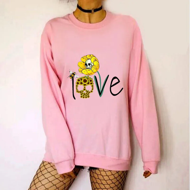 

Women Hoodie Love Skull Sunflower Printed Hoodies Women Fleece Long Sleeve O Neck Loose Sweatshirt Girls Pullovers Winter