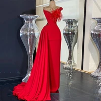 weilinsha sexy red evening dress celebrity party gowns v neck stones feathers sheath long pageant prom dresses