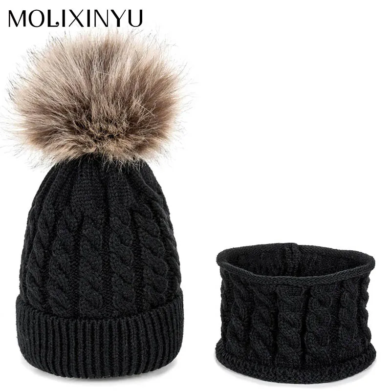 Molixinyu 2 шт./компл., детская вязаная шапка для новорожденных, теплая шапка, детская зимняя шапка+ шарф, комплект шапка для детей 0-2 лет