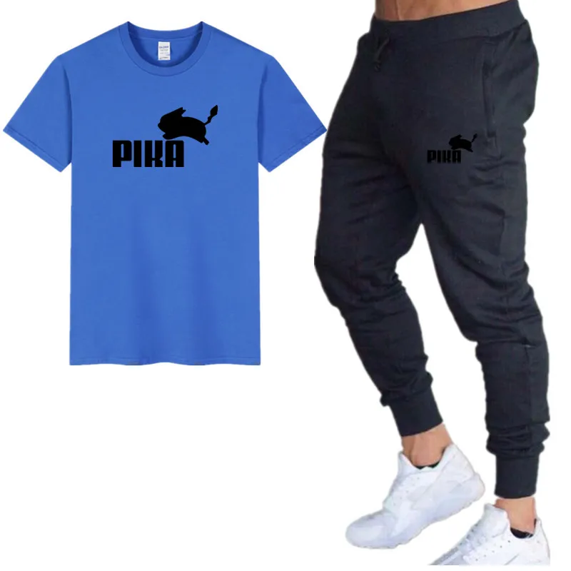 15Royal blue black Летние популярные мужские комплекты новые футболки с принтом пика+ штаны комплекты из двух предметов Повседневный Спортивный костюм Мужская Повседневная футболка тренажерные залы Фитнес Брюки - Цвет: 15Royal blue black