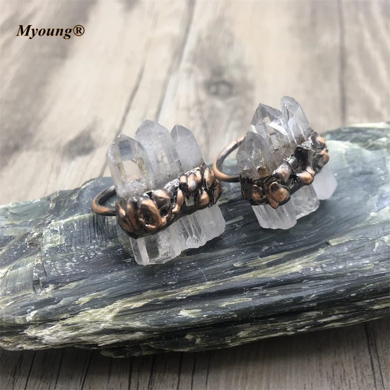 Handmade Antique Copper Bezel Raw Crystal Point Rings Healing Clear Quartz Stick Bronze Adjustable Ring Bohemia Jewelry MY210550