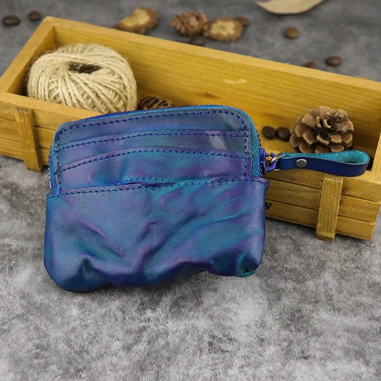 Blue Кошелек из натуральной кожи для монет, держатель для карт, для мужчин и женщин, винтажный, ручной работы, короткий тонкий маленький кошелек на молнии, сумка для денег, сменный карман, мужской - Цвет: Blue