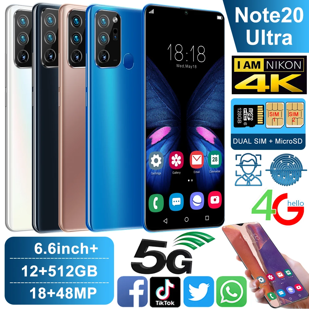 

Global Version Note20 Ultra 6.6 Inch Smartphone 5000mAh 12+512GB 16+32MP Face Fingerprint Dual Unlock 4G 5G Network CellPhone