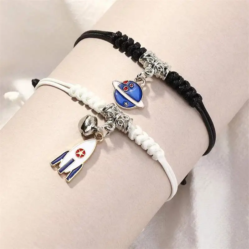 

2PC/S Alloy Dripping Oil Planet Rocket Bracelet Couple Handmade Simple Lovers Bracelet For Women Men Adjustable Charm Jewelry