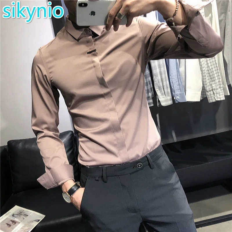 

2020 New Fashion Mens Cotton Long Sleeve Shirt Solid Slim Fit Male Social Casual Business White Black Dress Shirt