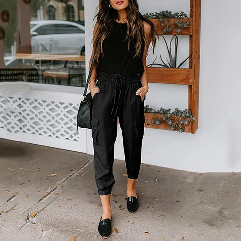 

Summer European and American Models of Solid Color Pants Casual Loose Multi-pocket Drawstring Trousers Fashion All-match Pants