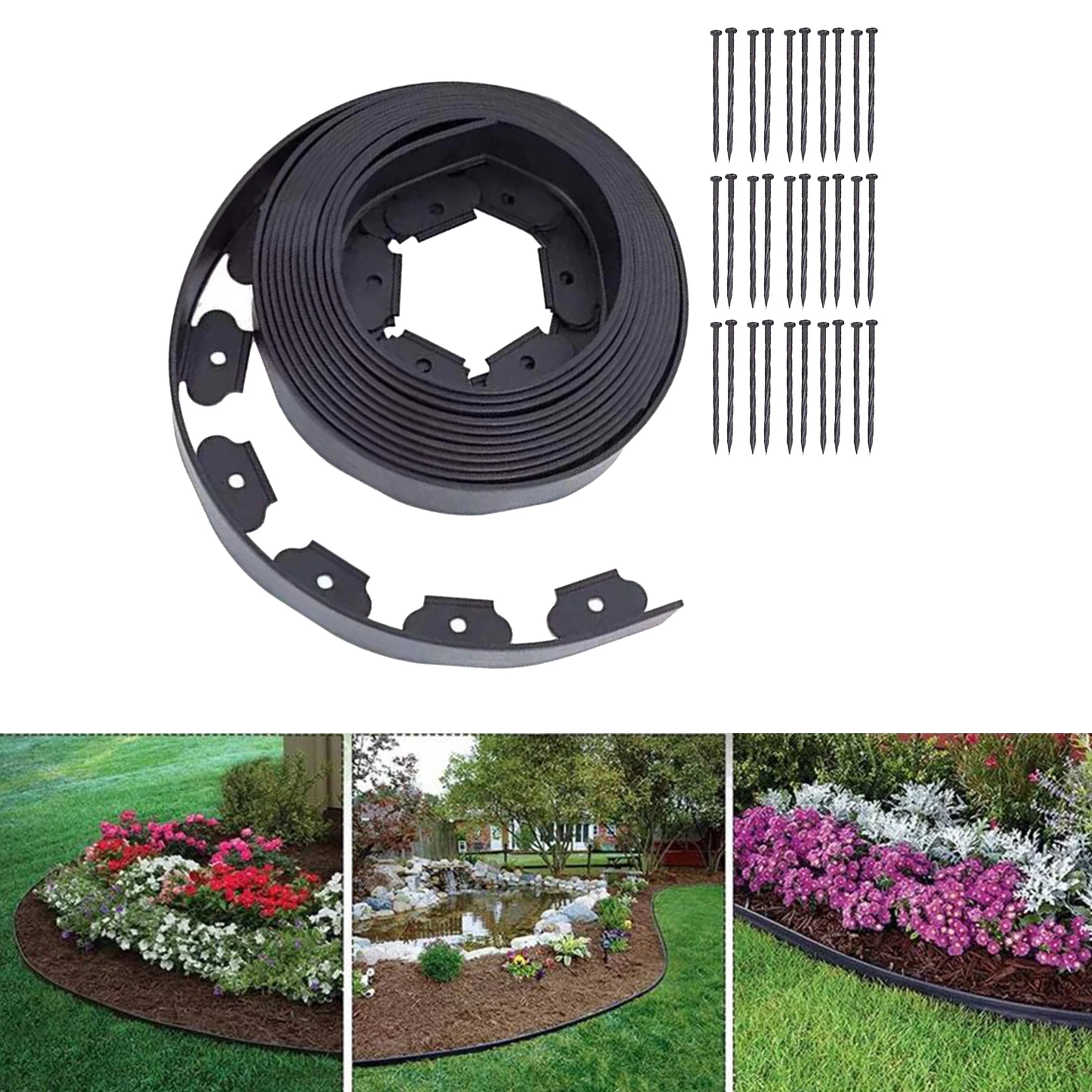 

10 Meters Garden Landscape Edging Kit No Dig 32ft Edging With 30 Spikes Grass Lawn Plastic Edging Border Support Drop Shipping