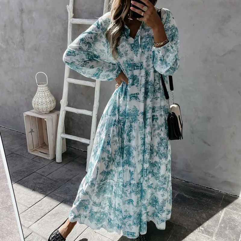 Elegant Lace-Up Drawstring Dress Summer Fashion Flower Print Long Sleeve Party Dress Women Casual V Neck Loose Maxi Dress Mujer images - 6