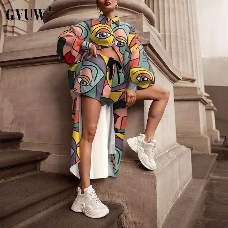 

GVUW set women summer 2021 new print loose suit bubble sleeve irregular shirt coat + drawstring shorts KB8777