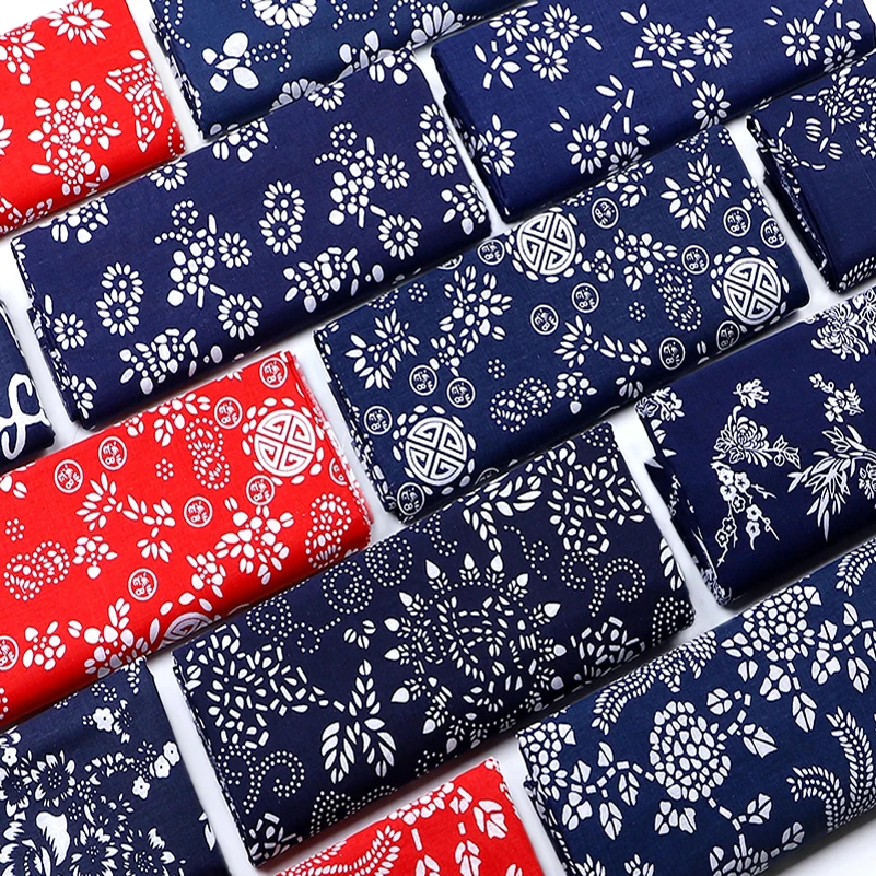 Синяя ткань из чистого хлопка ретро-ткань в этническом стиле Цветочная решетка с