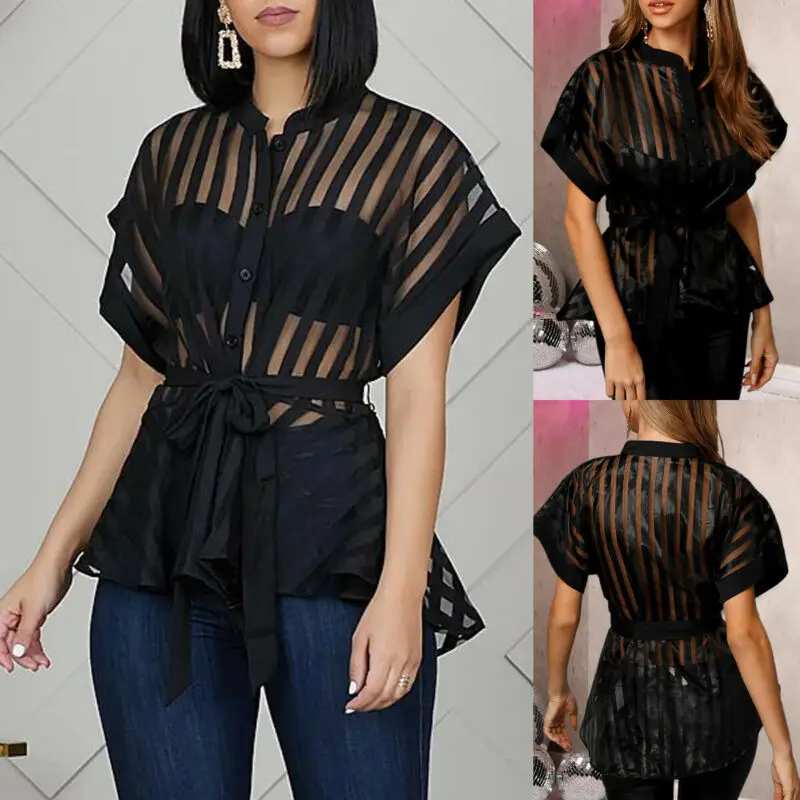 Женская сетчатая сплошная Повседневная полосатая рубашка с воротником стойкой и