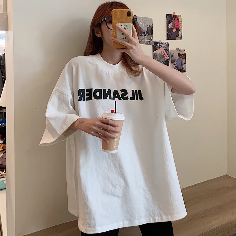 Футболка Jil Sander женская с надписью супершикарный оверсайз топ коротким рукавом