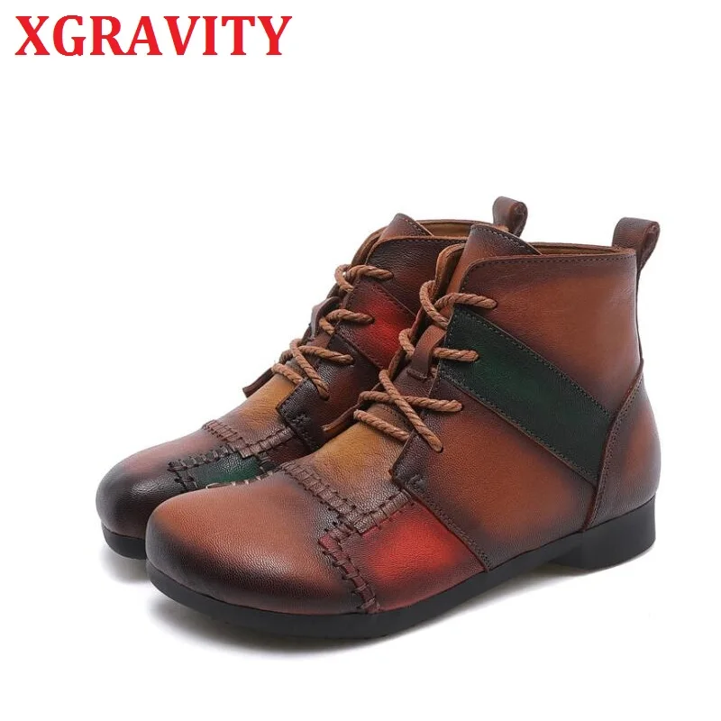 

XGRAVITY 2021 New Cow Genuine Leather Boots Fashion Ladies Vintage Shoes High Calf Ankle Boots Female Shoes Ladies Boots C128