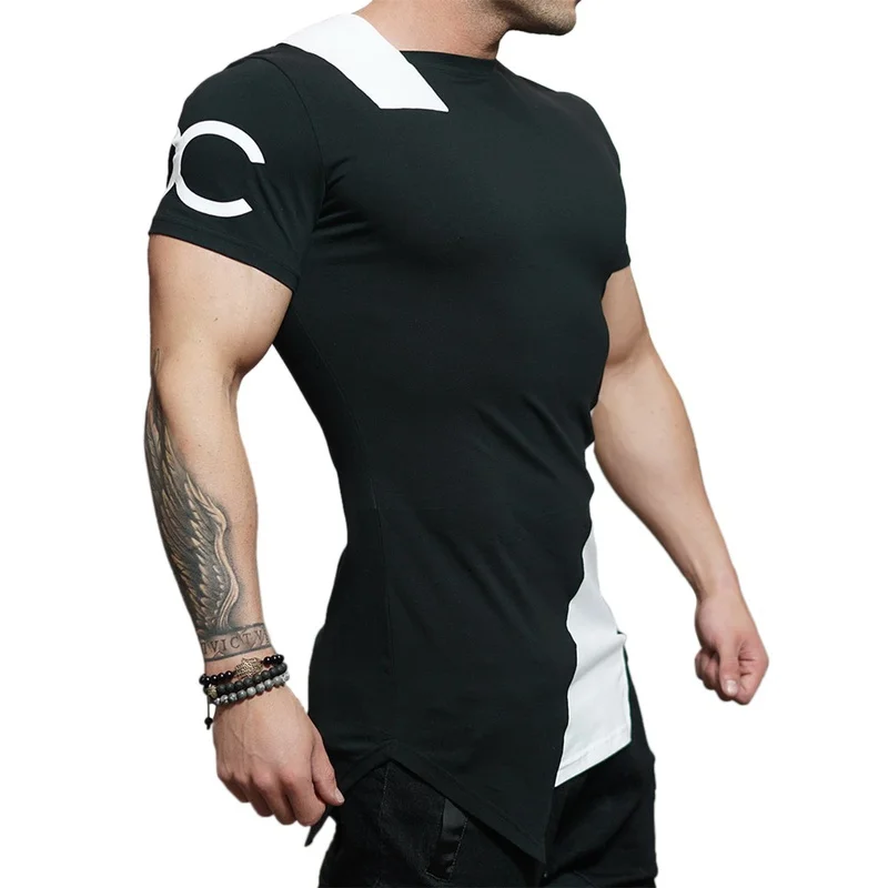 Men's Short Sleeve Patchwork T-shirt Bodybuilding Breathable Workout Clothes Fitness Shirt With Irregular Neck