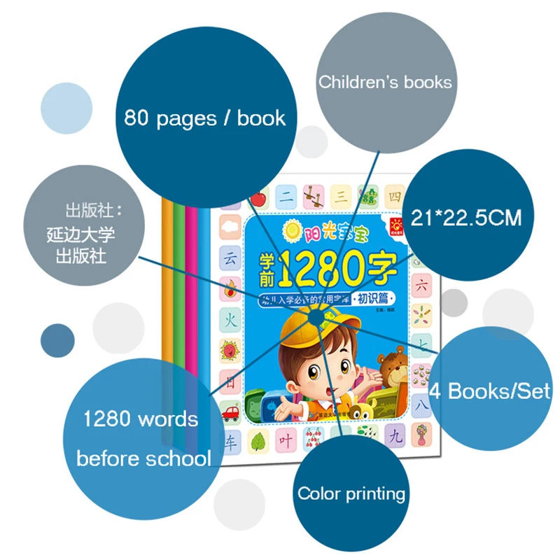 4 книги/набор китайские книги для детей 1280 иероглифов | Канцтовары офиса и дома