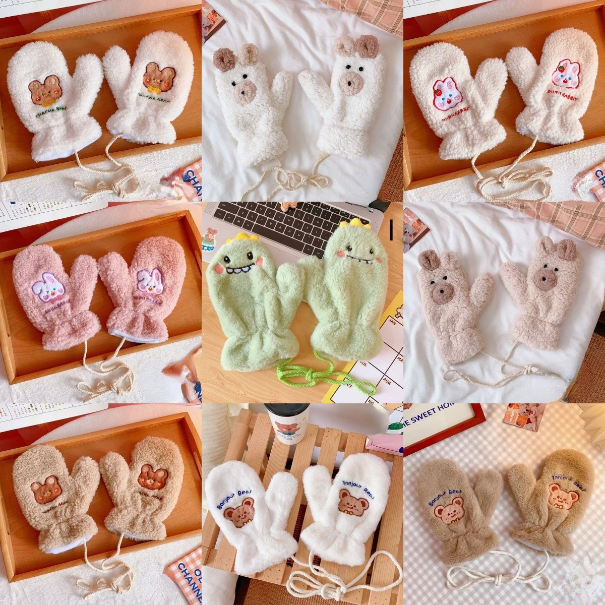 

Females Korean Ins Bear Dog Gloves Women's Girls Winter Kawaii Cute Bears Plush Fur Thick Riding Mittens Glove Keep Warm