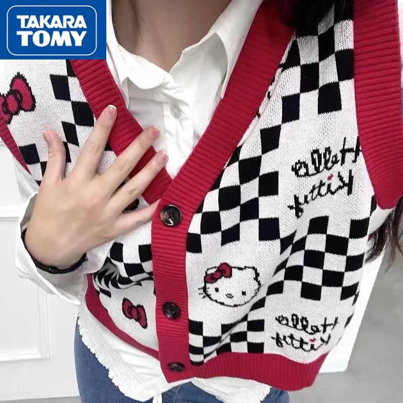 

TAKARA TOMY Winter Fashion Cartoon Hello Kitty Checkerboard Knitted Vest Simple and Sweet Cute Cardigan Jacket Vest