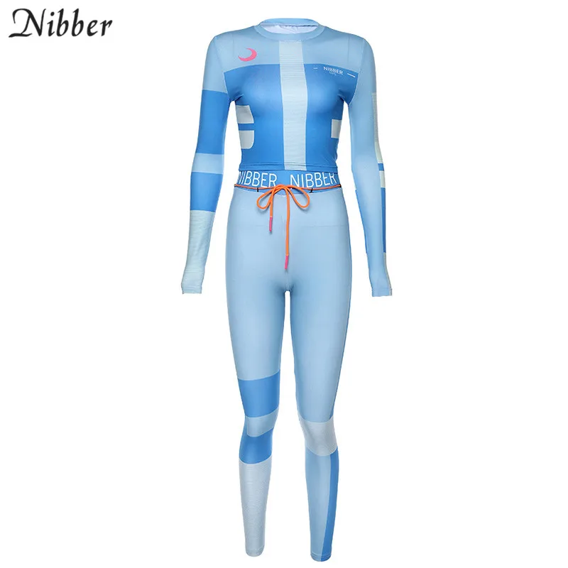 Nibber черная Лоскутная Спортивная одежда для отдыха, комплекты из 2 предметов, Женские Эластичные Обтягивающие Леггинсы с принтом, укороченные топы, спортивные костюмы для бега - Цвет: Синий