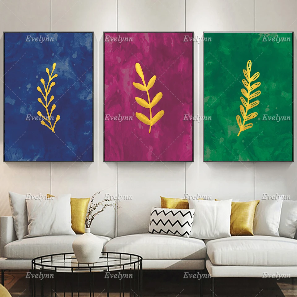 

Gold Leaves On Jewel Tones Watercolor Posters, Forest Green Royal Blue Art Luxe Print Foliage Home Decor Canvas Wall Art Prints