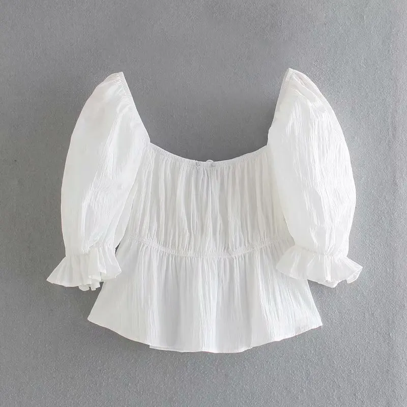

ZA 2021 Summer Ladies Backless Blouse 2021 Causal Puff Sleeve Top Female Pullover Half Sleeve Thin Tops Square Collar Loose Tops