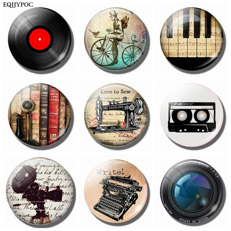 Vinyl Record Refrigerator Magnet Antique Piano Tape Phone Bicycle Camera Sewing Machine Typewriter 30MM Glass Dome Fridge Magnet