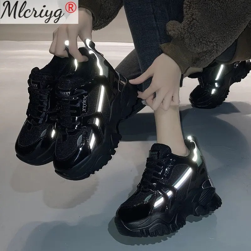 

New Spring Chunky Sneakers 9CM Women Autumn Thick Bottom Platform Sneakers Height Increasing Sport Dad Shoes Woman Casual Shoes