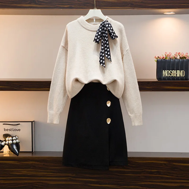 

Plus size Knit Two Piece Set 2021 Fall O-neck Long Sleeve Pullover Sweater + High Waist A-line Midi Skirt Suit 2piece Set Women