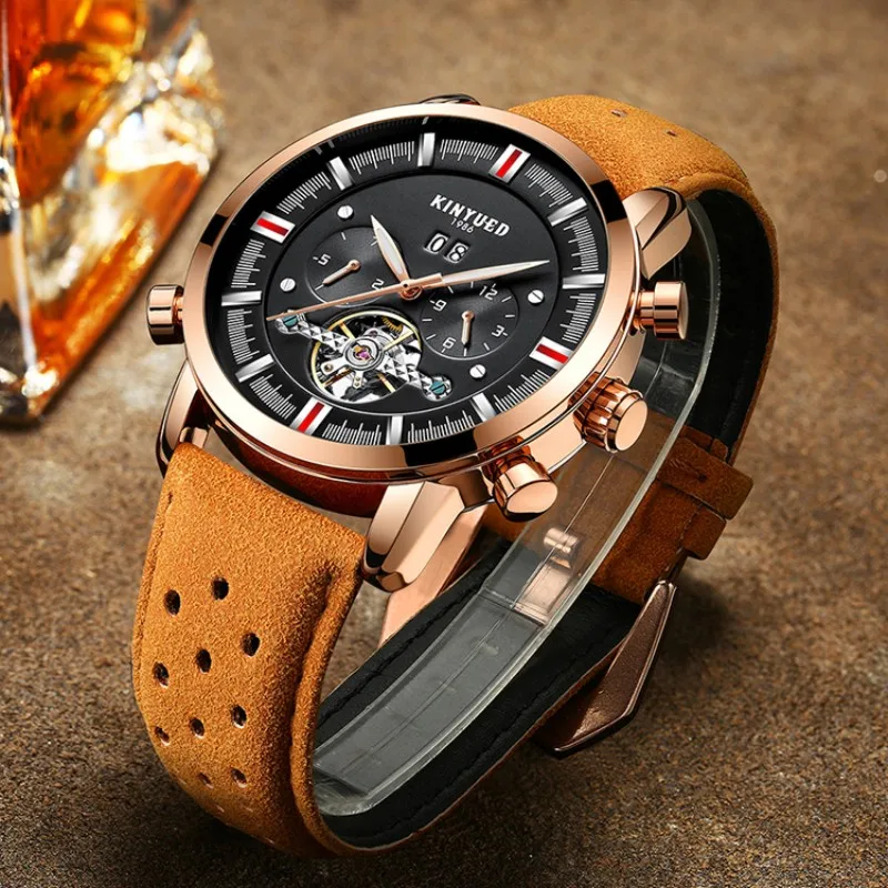 

Новые швейцарские мужские часы с кожаным ремешком и большим циферблатом, автоматические механические часы с турбийоном