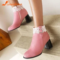 karinluna new fashion female square heels round toe flock boots zipper buckle solid ankle boots women plus size 33 48