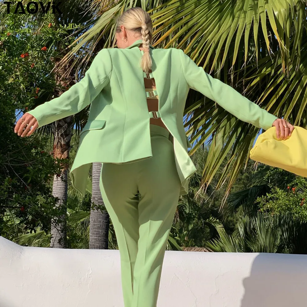 

TAOVK Women's Costume Set Long Sleeve solid color one-button Backless Blazer+Pants Suit Office Lady Two Piece Set Outfits