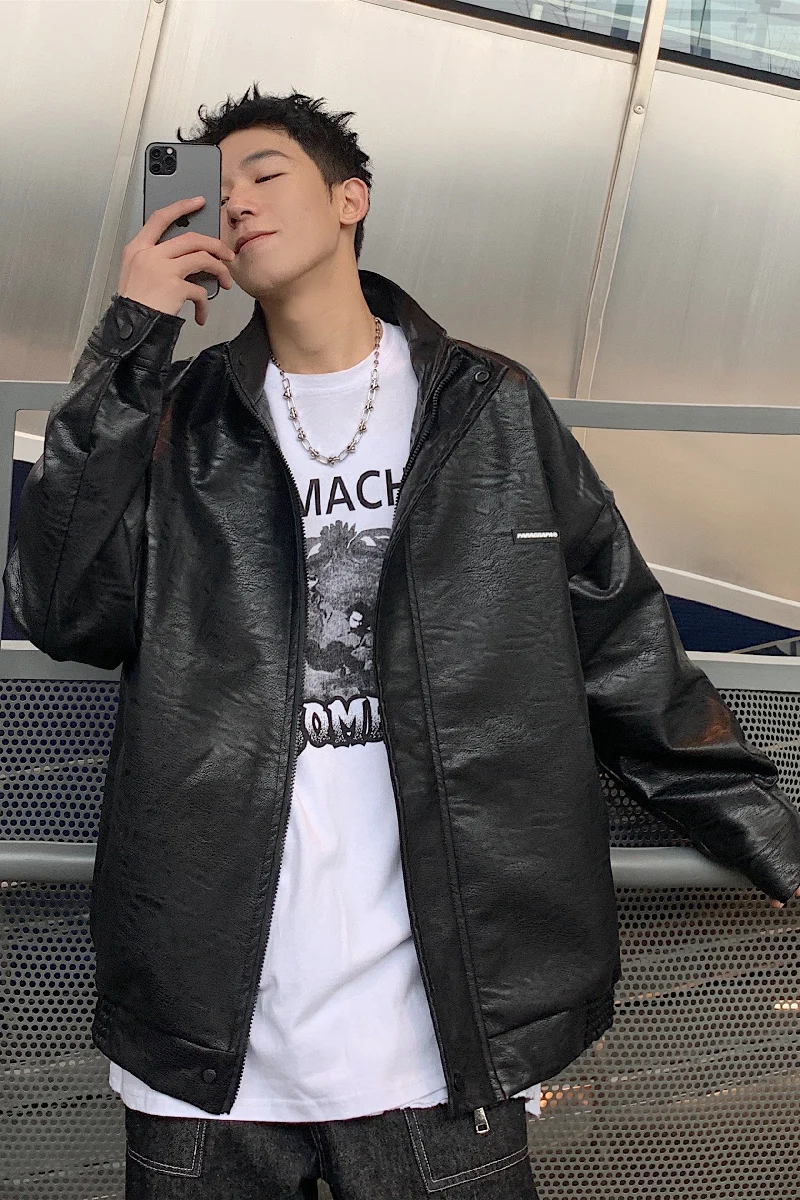 

Motorcycle Leather Jacket Men's Hong Kong Style Ins Black Stand Collar Jacket Fall Korean Trend Loose Versatile Casual Coat
