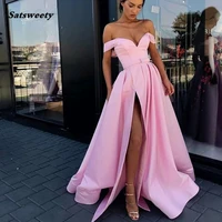 pink muslim prom dresses 2022 a line off the shoulder slit sexy islamic dubai kaftan saudi arabic long evening gowns