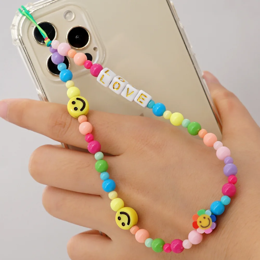 

Simple Bohemian Ethnic Resin Bead Mobile Phone Chain LOVE Letter Soft Ceramic Clay Polymer Mobile Phone Lanyard Female Anti-lost