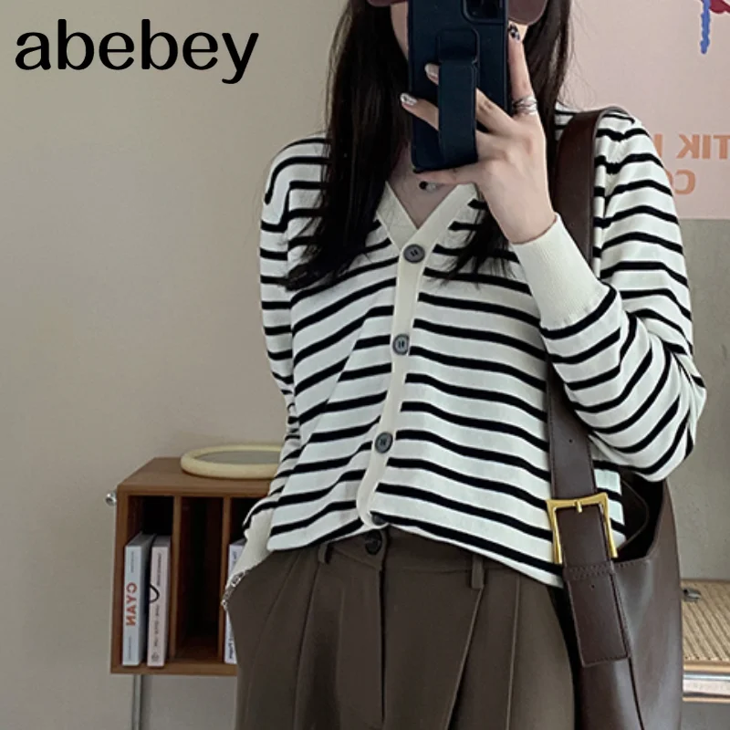 

Stripe Knitted Crop Cardigan Women Korean Sweater Long sleeve V neck