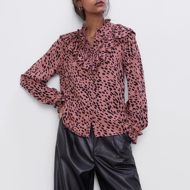 Осень 2019 новинка леопардовая расцветка плиссированное украшение оборки стоячий