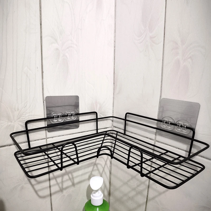 bathroom kitchen punch corner frame shower shelf wrought iron shampoo storage rack holder with suction cup bathroom accessories free global shipping