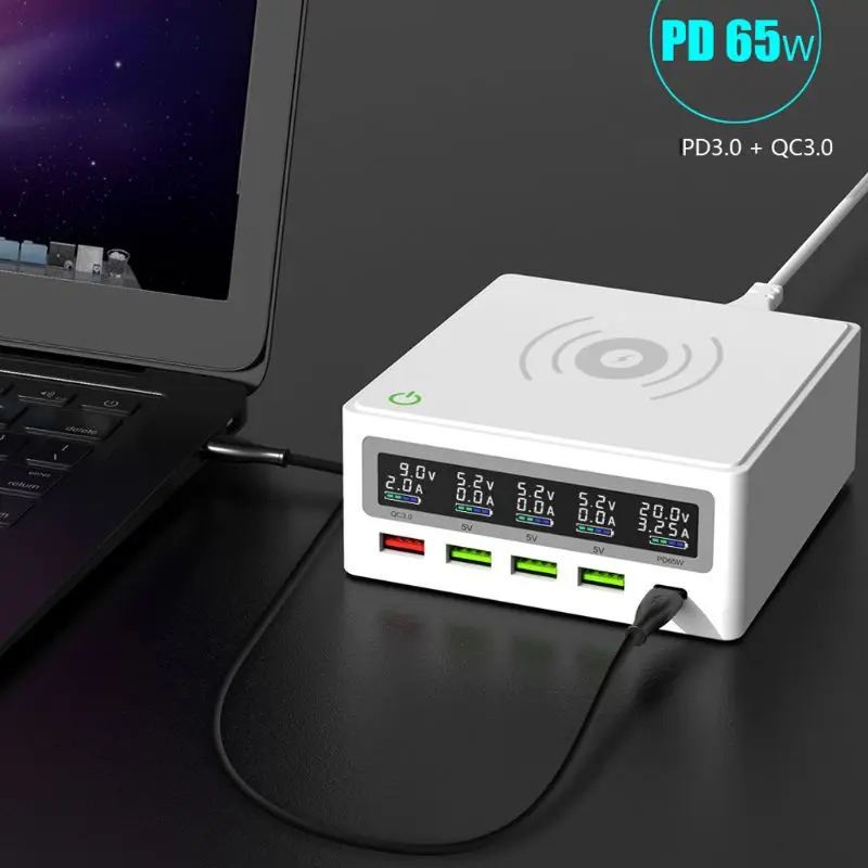 

USB C PD 65W Fast Charge Adapter 5-Port QC3.0 USB 10W Wireless Charger Station