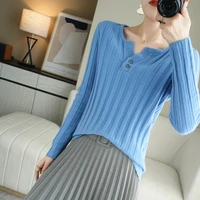 european station 2021 autumn and winter new style 100 pure wool womens button thin short small open neck sweater v neck top