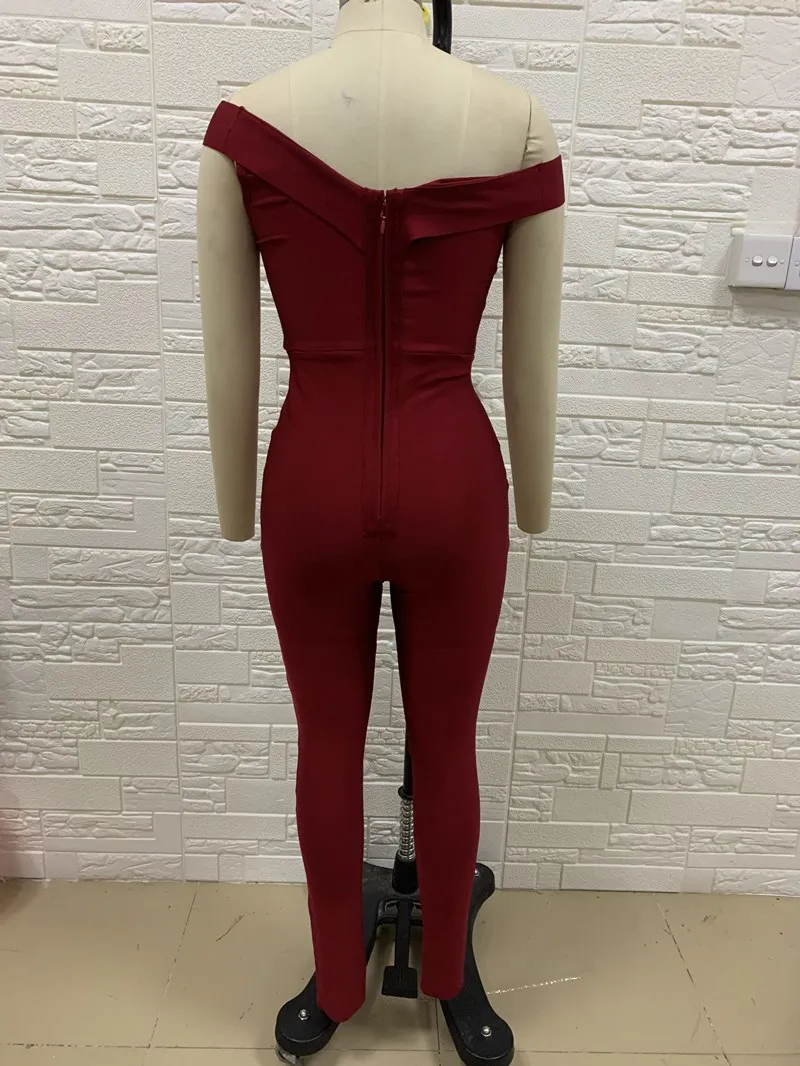 

Women Jumpsuit Pomper Bodycon Playsuit Off Shoulder Sleeveless Red Lucky Rompers 2020 Zip Up Party Club Sexy Women ClothesFemale