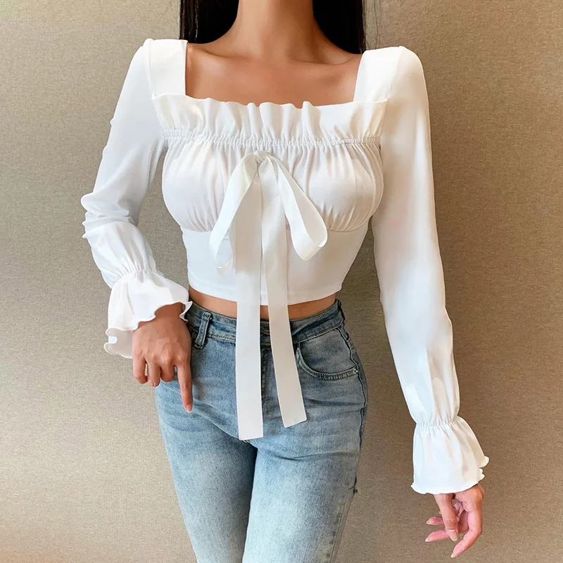 

Осенний топ на шнуровке, сексуальная белая футболка с квадратным вырезом и пышными рукавами, с длинными рукавами