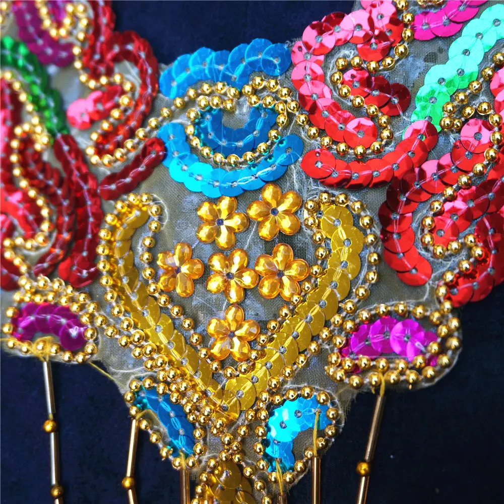 Женская ткань с золотыми блестками воротник бусины вышитая аппликация цветочные