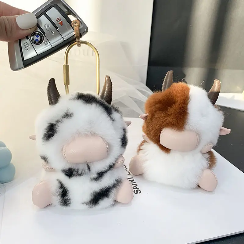 

Plush Toys Real Fur Keychain Rex Rabbit Cute Cow For Women Bag Charms Ornaments Handmade Pendant Fluffy Car Keyring Kids Gifts