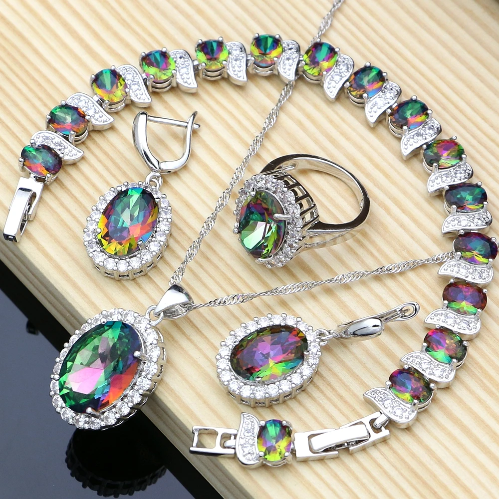 Rainbow Cubic Zirconia Crystal Bridal Jewelry Sets Ring for Women Earrings with Stone Bracelet Necklace Set Dropshipping | Украшения и