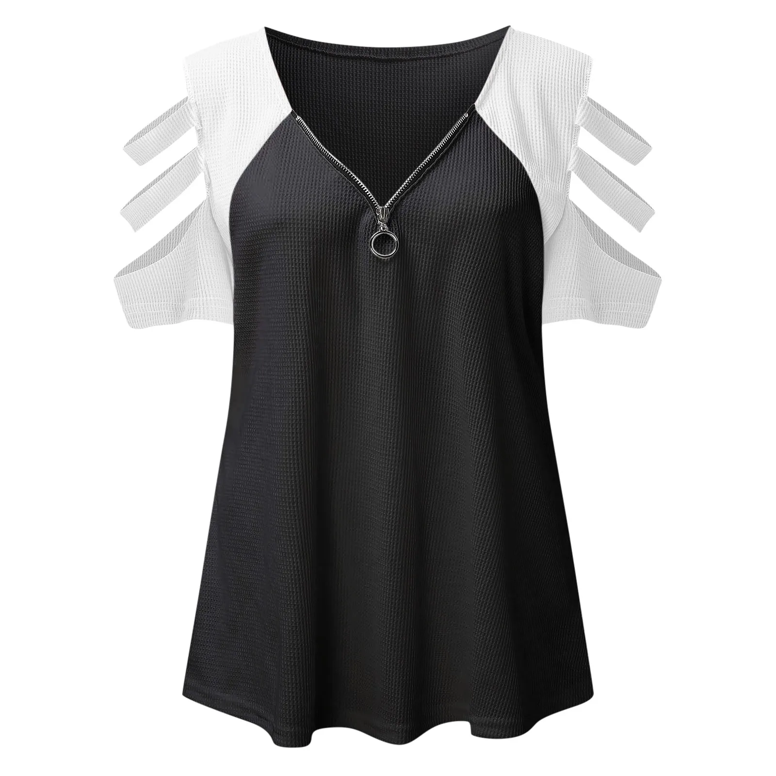 

Women Sexy V-neck Shirts Tops Zipper Blouses Tops 2021 Autumn Hollow Short Sleeve Tops Blouse Blusa Casual Loose Shirts Pullover