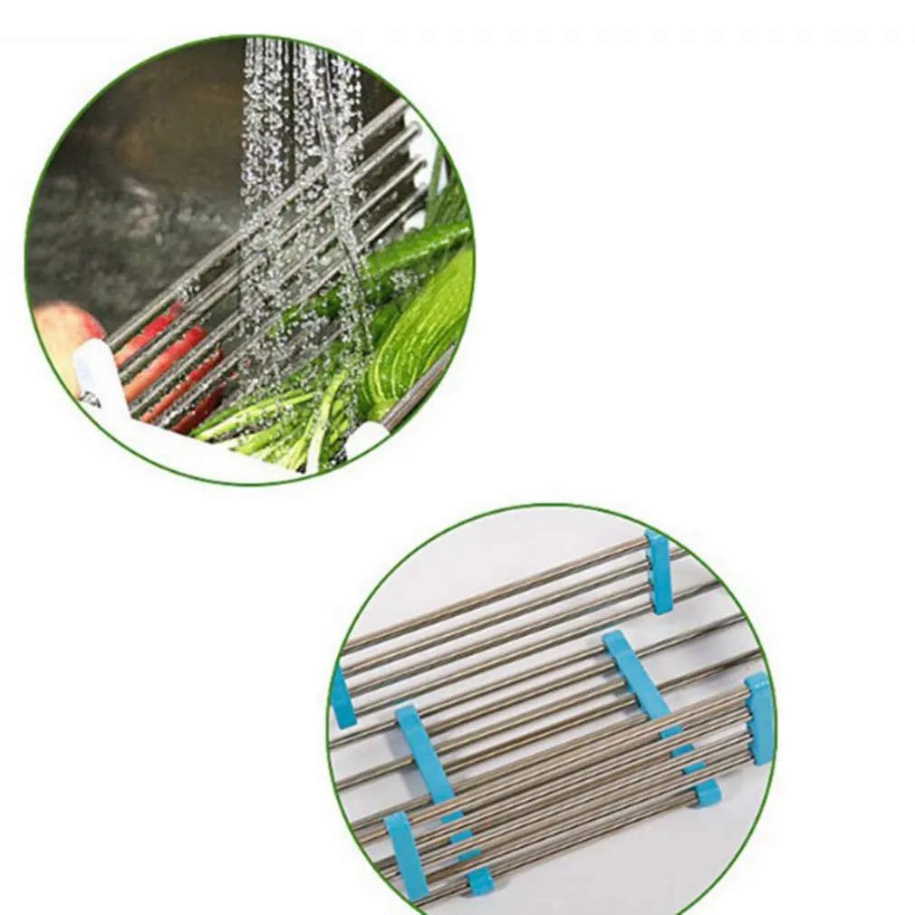 

Sink Drain Basket Rollable Stainless Steel Sink Drain Rack Kitchen Silicone Drainboard Bathroom Tableware Storage Rack