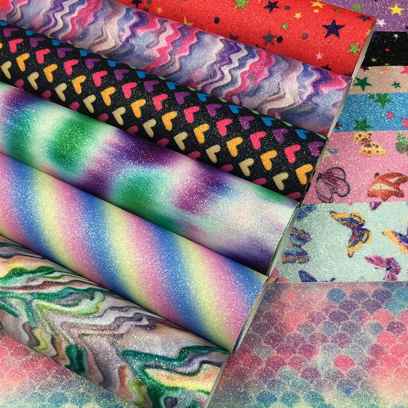 

Artificial Leather Pu Mermaid Rainbow Glitter Pattern Printed Synthetic Leather Fabric DIY Crafts Making Fabric Fake Leather