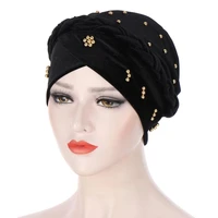 new turban headwear for women velvet bead solid cross braid caps chemo beanies hats for cancer headwrap hair accessories