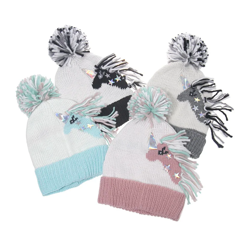 Fashion Women's unicorn Hat Winter Beanie Knitted Hat Bonnet Girl 's Hat Female Cap with Ball